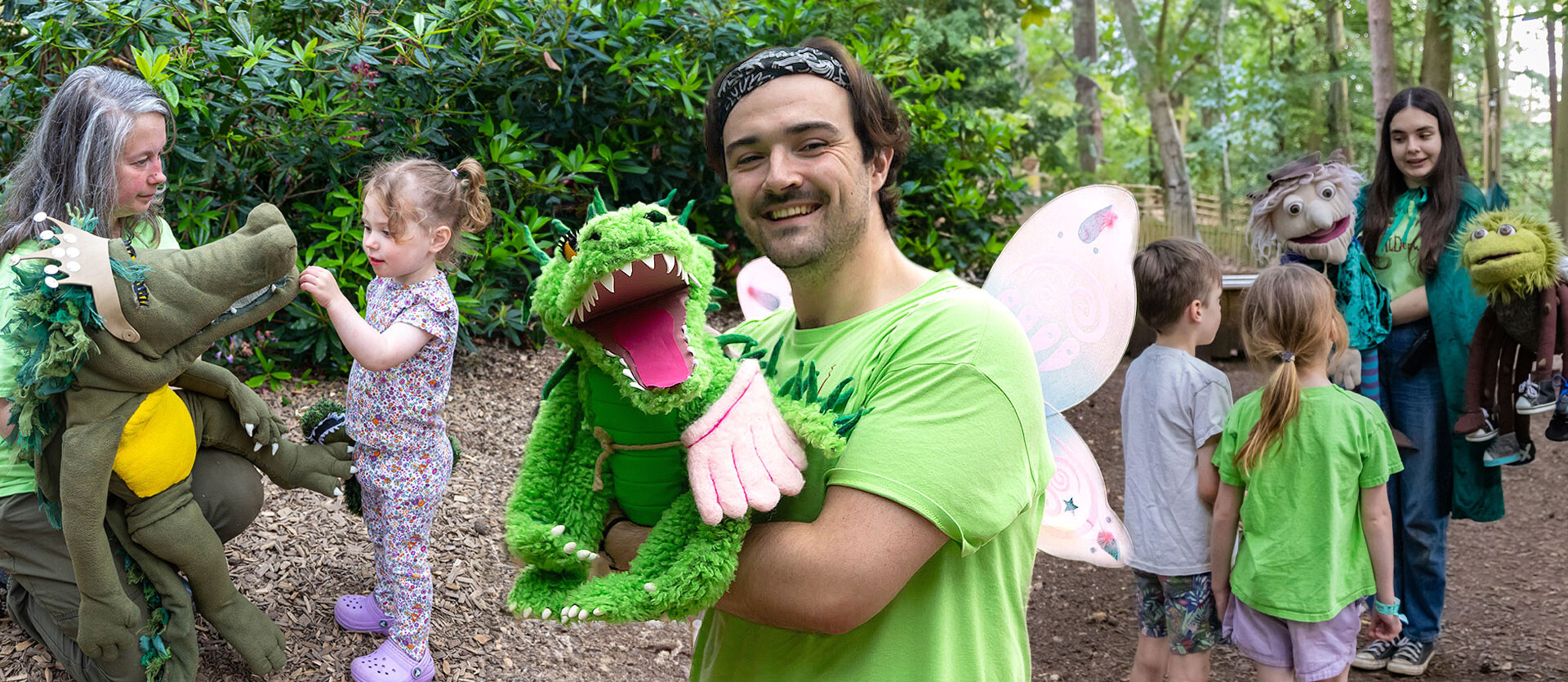 Puppets of the BeWILDerwood characters meeting visitors
