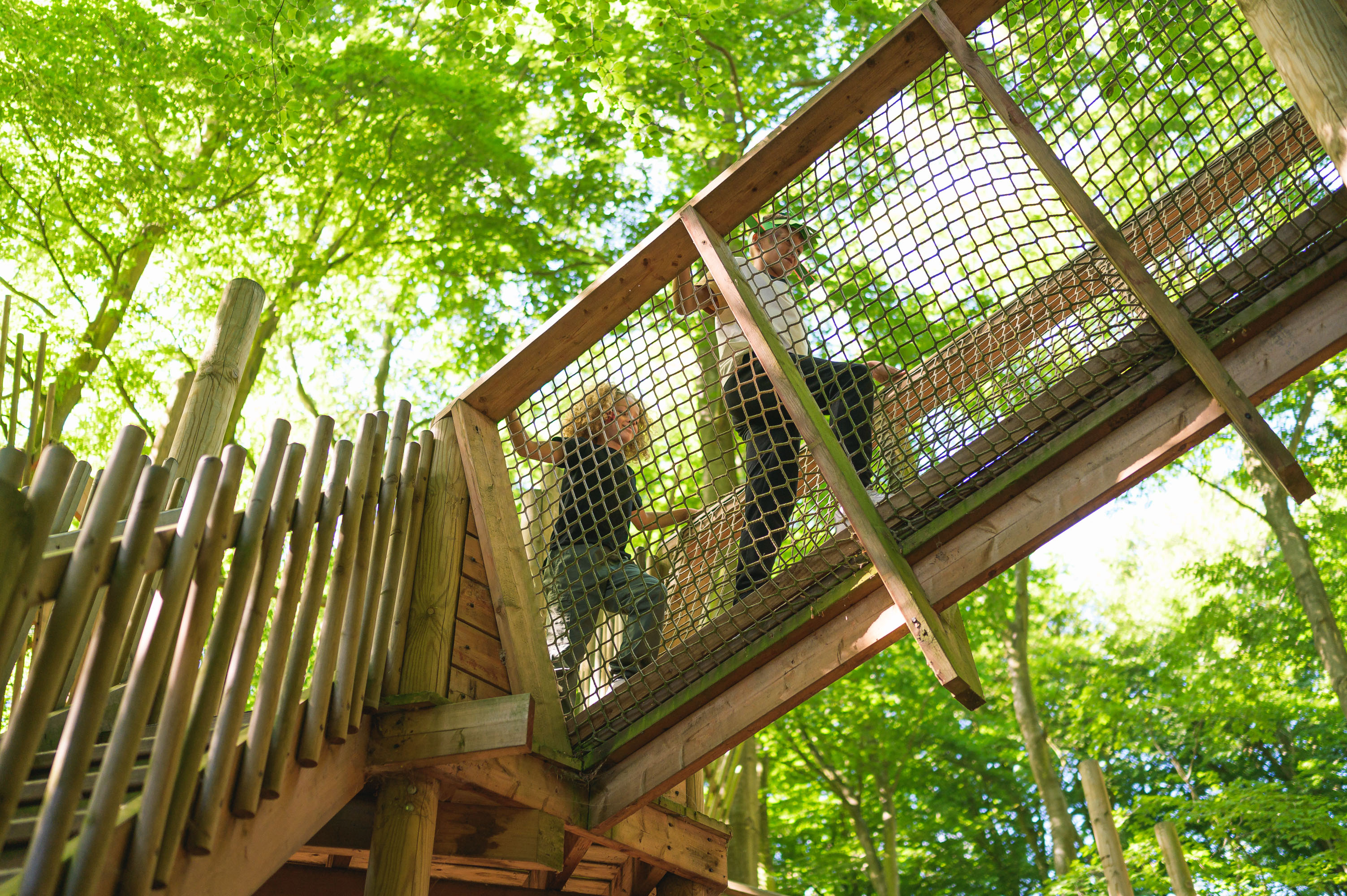 Two children climbing up a treetop structure.