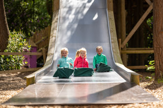 Three children going down a big slide in BeWILDerwood
