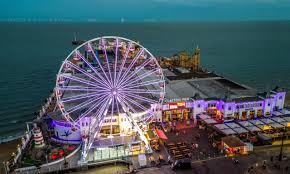 Aerial shot of Clacton Pier all lit up in the evening