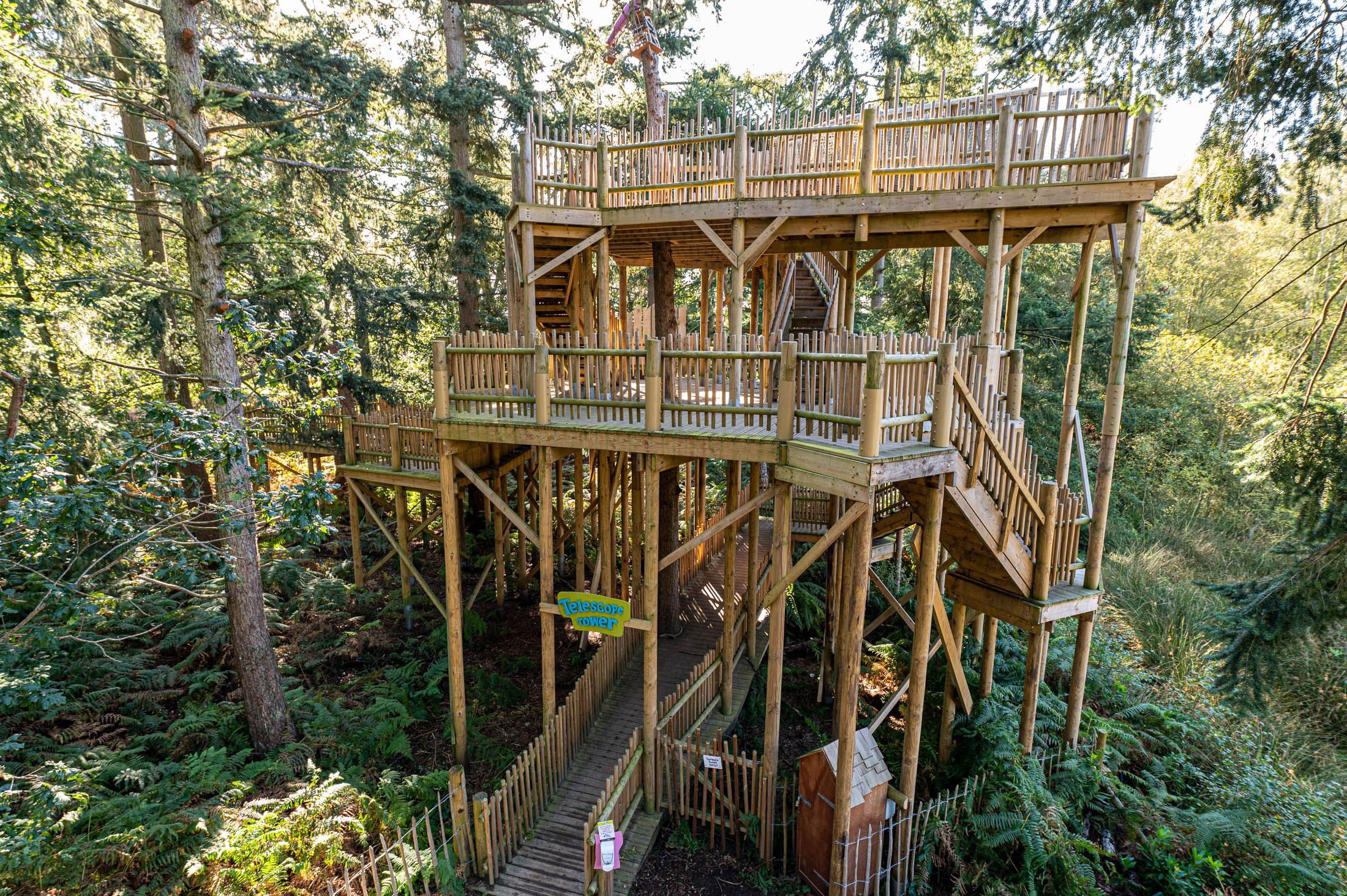 Wooden structure of viewpoint at bewilderwood cheshire