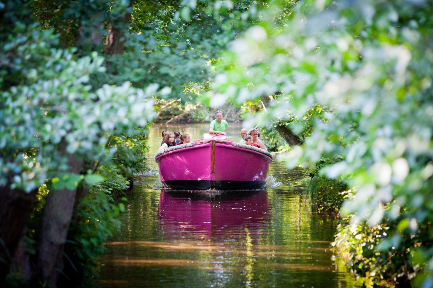 Purple boat on a lake at Bewilderwood